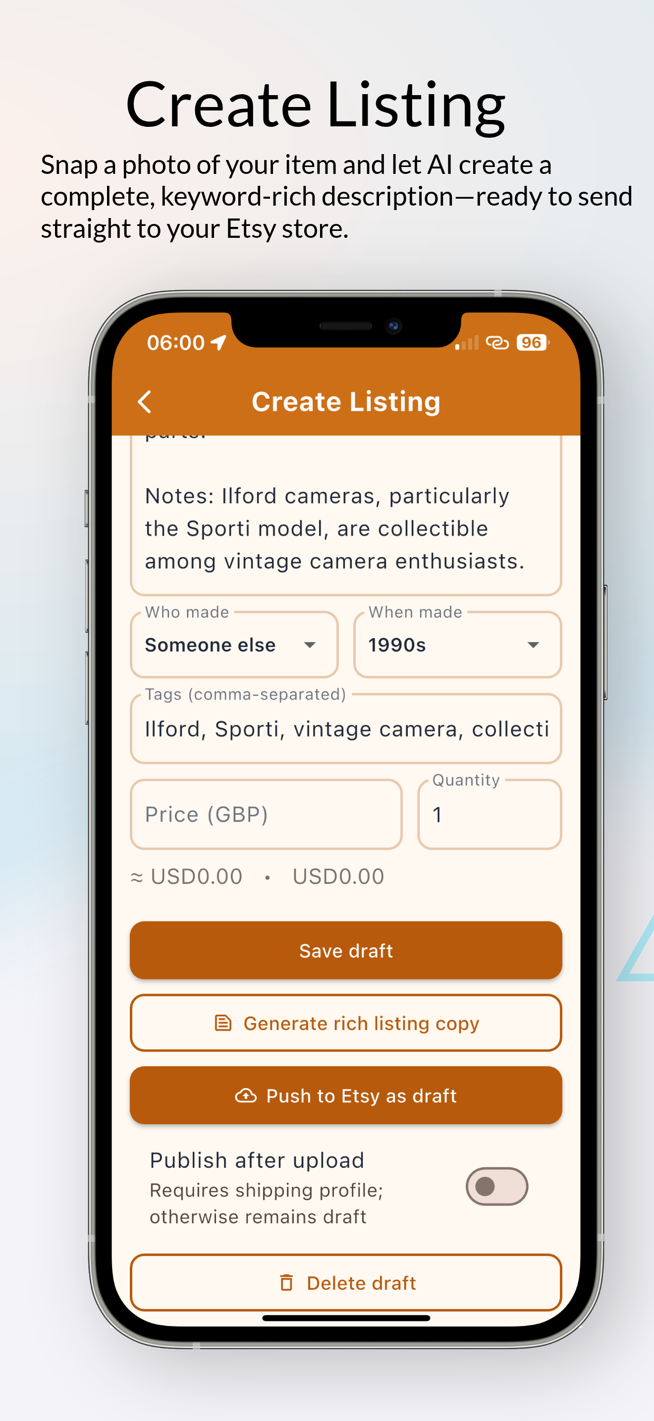 RelicTrift Create Listing Screen